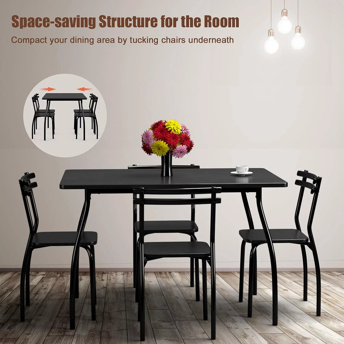 Modern Metal and Wood Rectangular Dining Table Set with 4 Chairs Q48264
