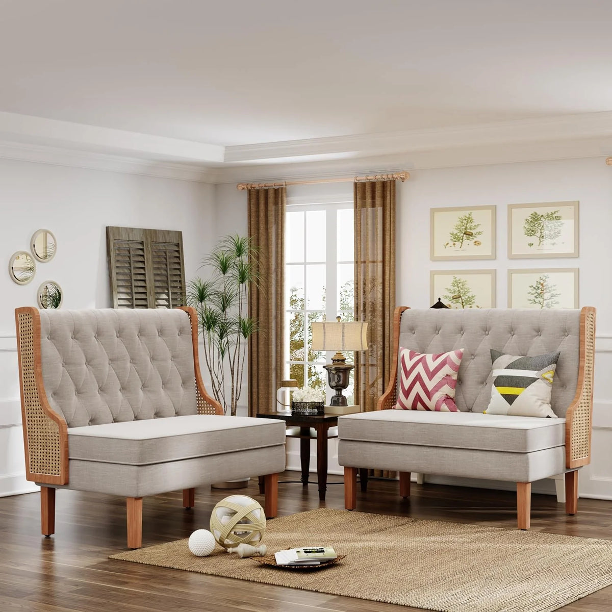 Light Grey Upholstered Loveseat Bench with Rattan Arms P1622