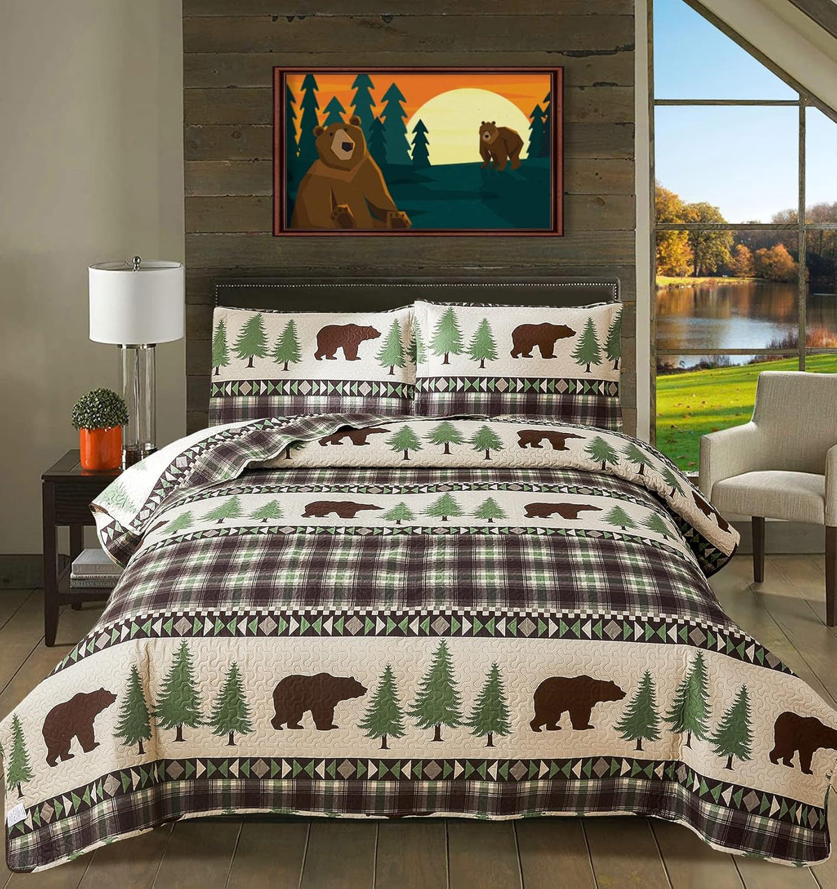 Full/Queen Size Plaid Quilt Set Black White Patchwork Bedspread A448