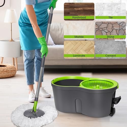Pedal Spin Mop and Bucket with Wringer Set, 3 Mop Pads T57478