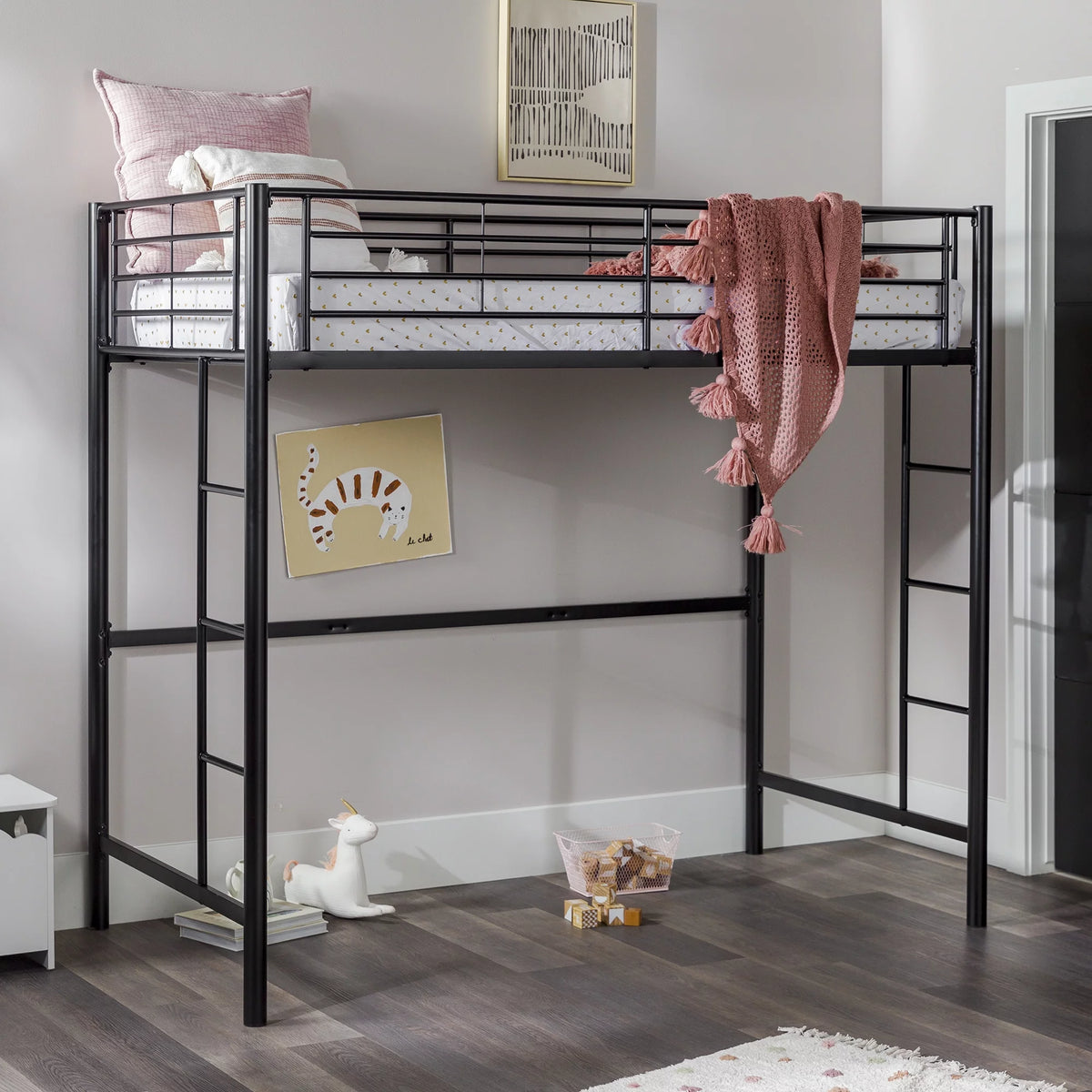 Black Twin Metal Loft Bed E439665