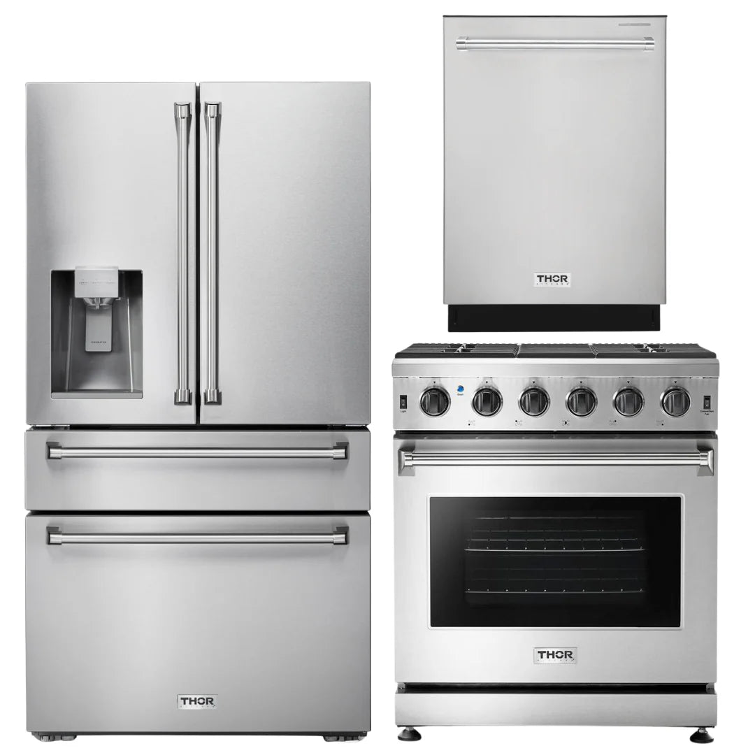 30 in. Natural Gas Range, 36 in. Refrigerator with Water and Ice Dispenser & 24 in. Dishwasher S2376