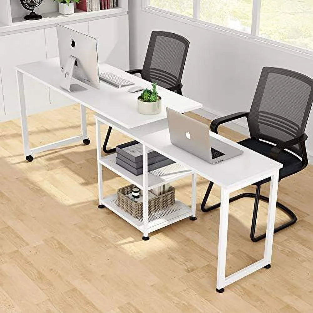 L-Shaped Desk 55 inch Reversible Corner Computer Desk with Shelves White Z4271