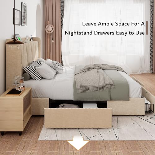 Queen Bed Frame with 4 Storage Drawers, Upholstered Platform Bed Frame with Charging Station, Black Q909892
