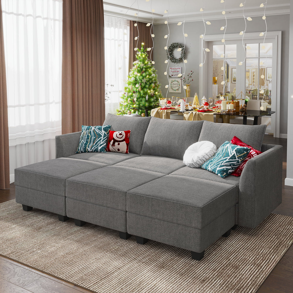 Grey Convertible Sleeper Sofa Bed with Storage Ottomans E98144