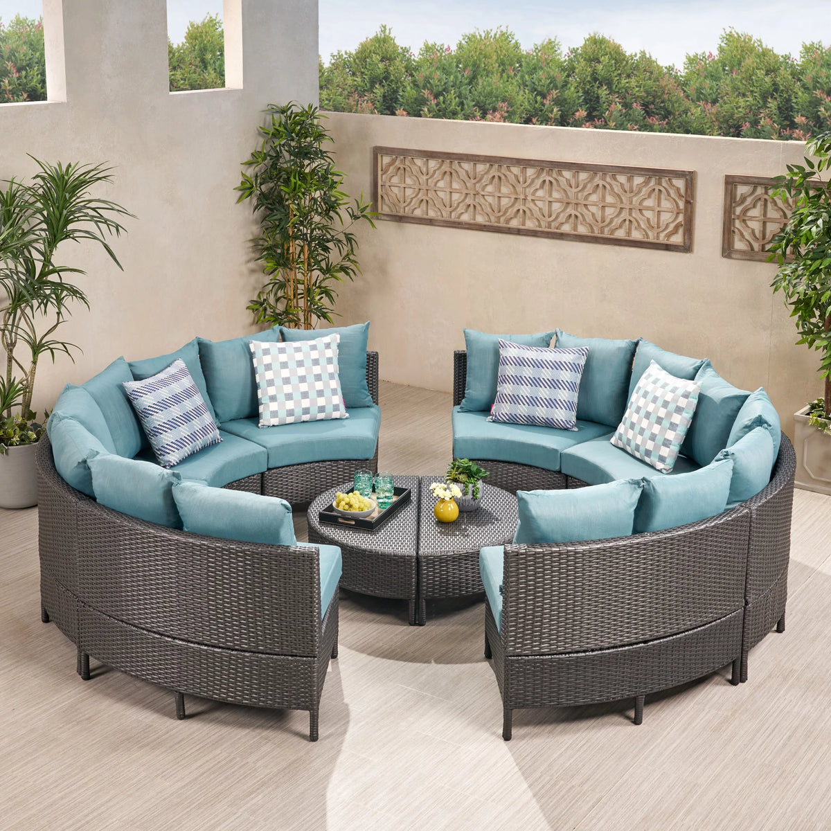 8 Seater Round Wicker Sectional Sofa Set Gray/Teal G426