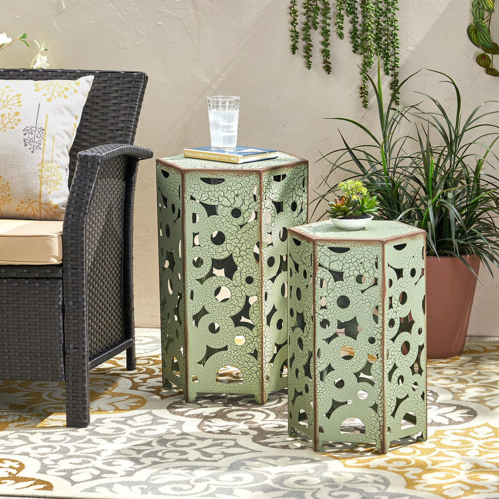 Set of 2 Antique Green Outdoor Accent Tables R387492