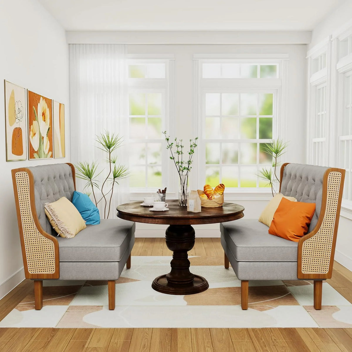 Light Grey Upholstered Loveseat Bench with Rattan Arms P1622