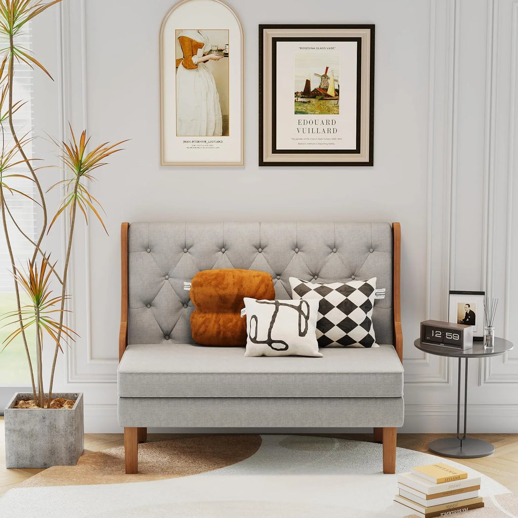 Light Grey Upholstered Loveseat Bench with Rattan Arms P1622
