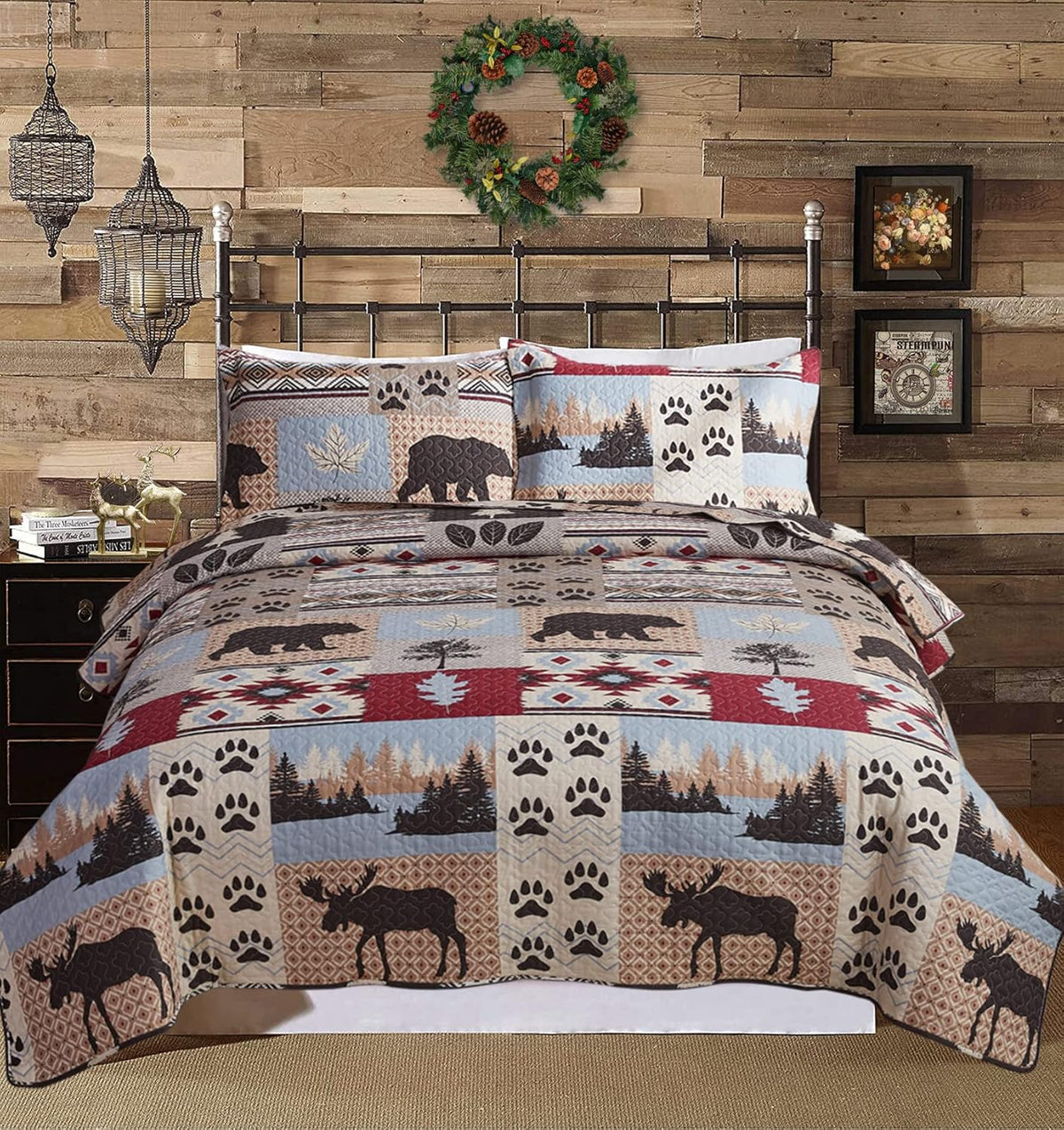 Full/Queen Size Plaid Quilt Set Black White Patchwork Bedspread A448