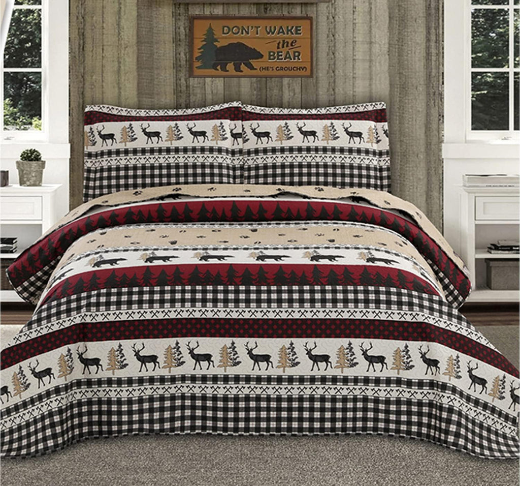 Full/Queen Size Plaid Quilt Set Black White Patchwork Bedspread A448