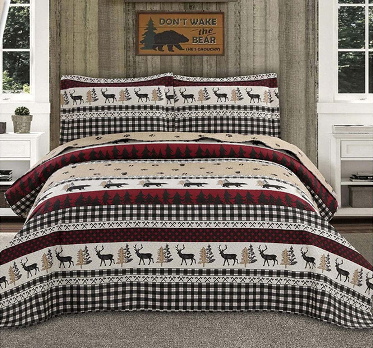 Full/Queen Size Plaid Quilt Set Black White Patchwork Bedspread A448