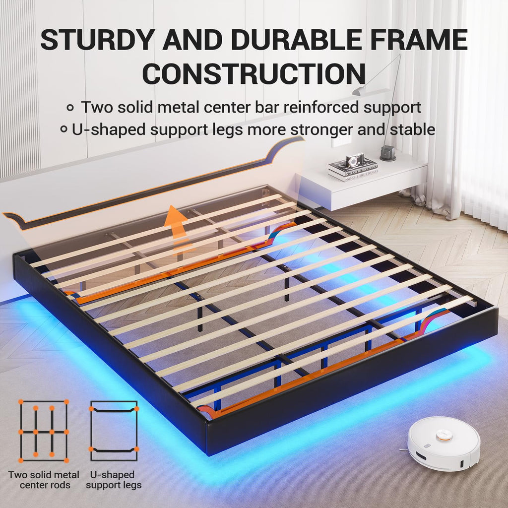 California King Floating LED Faux Leather Upholstered Platform Bed Frame W33635