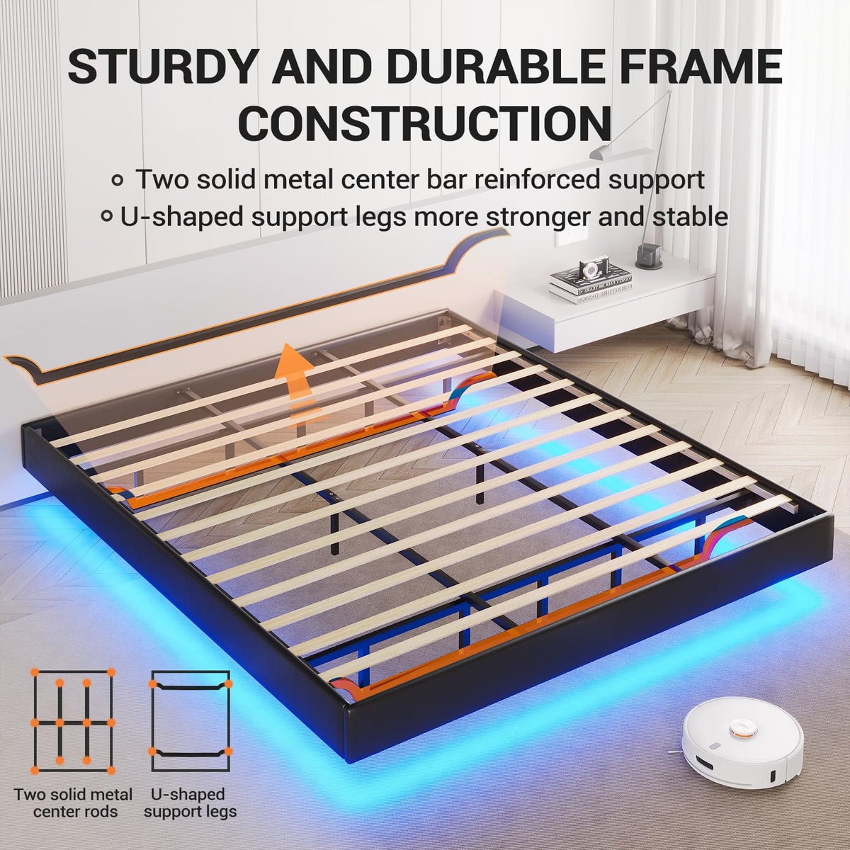 California King Floating LED Faux Leather Upholstered Platform Bed Frame W33635