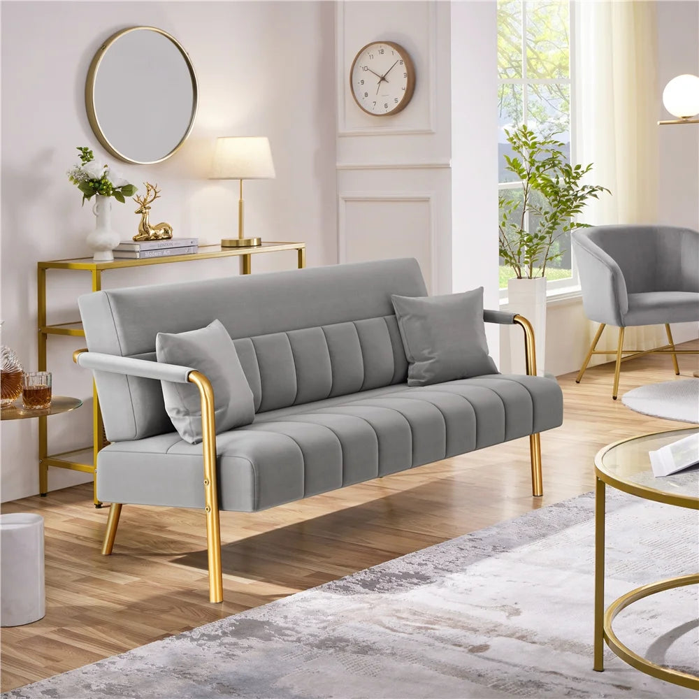Light Gray Upholstered Sofa with 2 Pillows P338