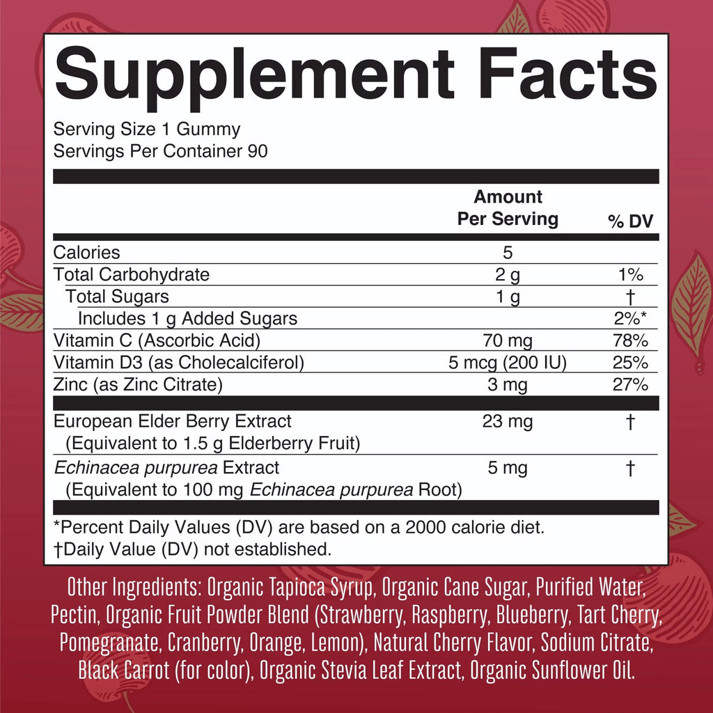 Organic Elderberry Gummies with Echinacea, Vitamin C and D, 90 Gummies L7848