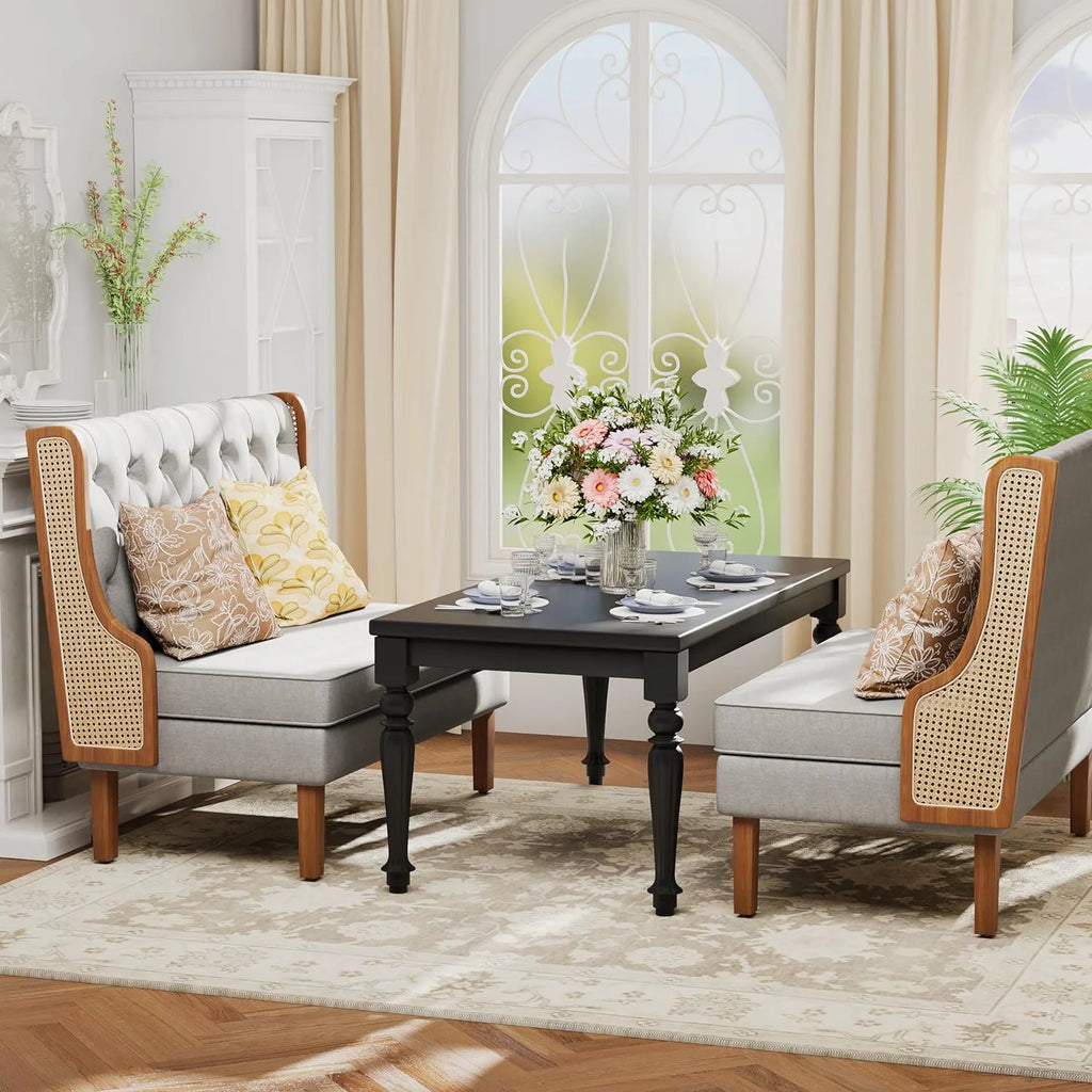 Light Grey Upholstered Loveseat Bench with Rattan Arms P1622