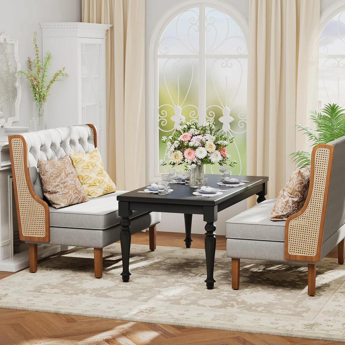 Light Grey Upholstered Loveseat Bench with Rattan Arms P1622