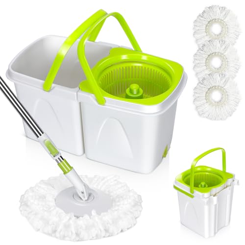 Pedal Spin Mop and Bucket with Wringer Set, 3 Mop Pads T57478