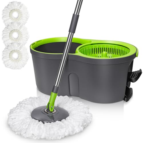 Pedal Spin Mop and Bucket with Wringer Set, 3 Mop Pads T57478
