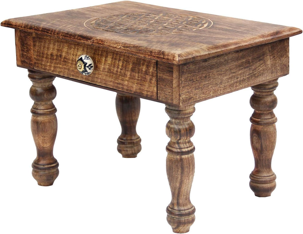 Solid Mango Wood Hand Carved Puja Shrine Altar Meditation Table F52238