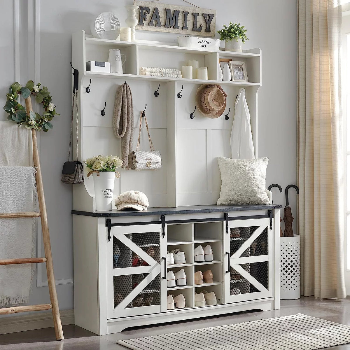 White Entryway Bench with Coat Rack and Shoe Storage T52232