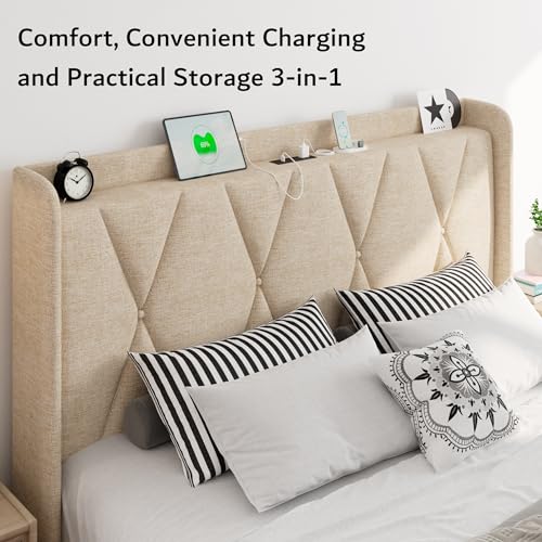 Queen Bed Frame with 4 Storage Drawers, Upholstered Platform Bed Frame with Charging Station, Black Q909892