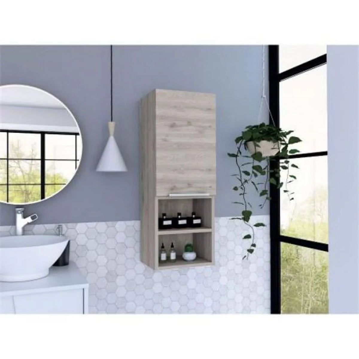 Light Gray Single Door Bathroom Cabinet with Two Open Shelves P156