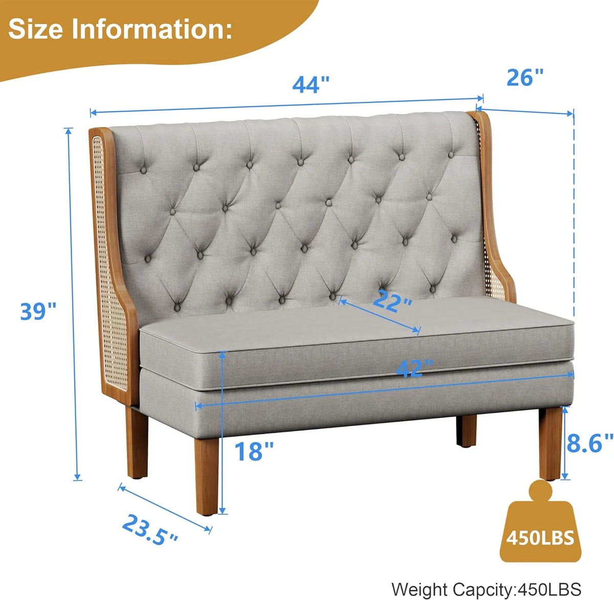 Light Grey Upholstered Loveseat Bench with Rattan Arms P1622