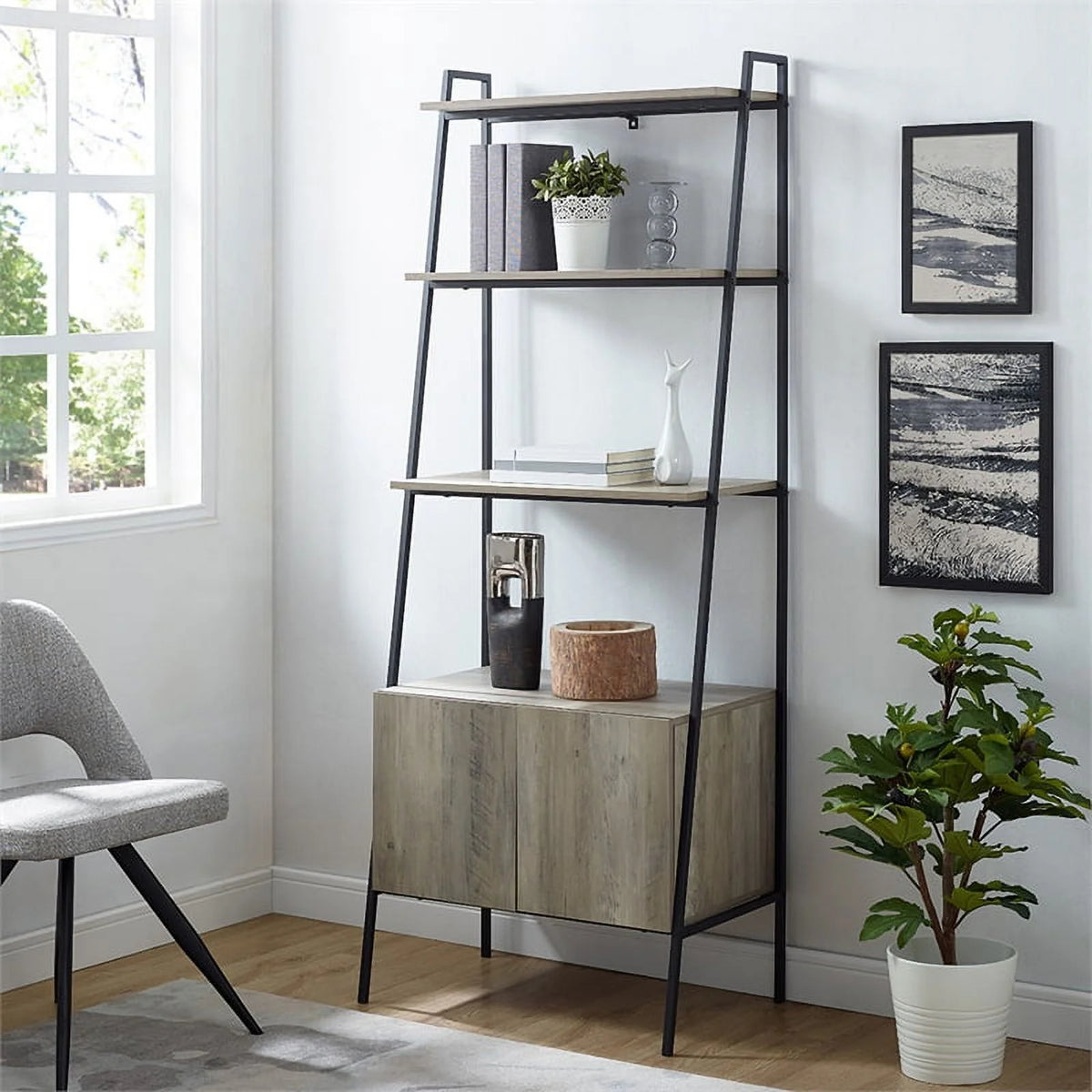 72" Ladder Storage Bookshelf in Gray Wash D519