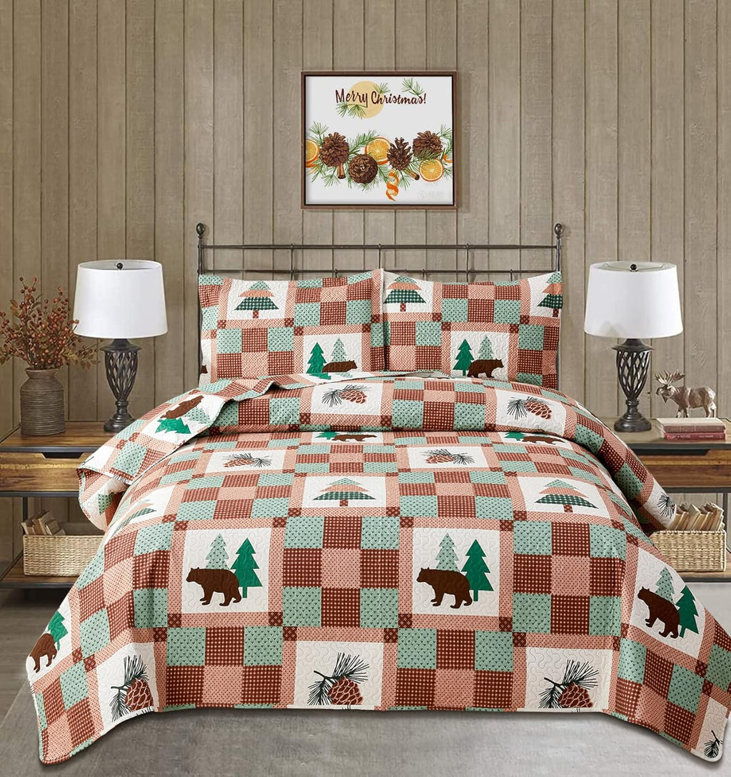 Full/Queen Size Plaid Quilt Set Black White Patchwork Bedspread A448