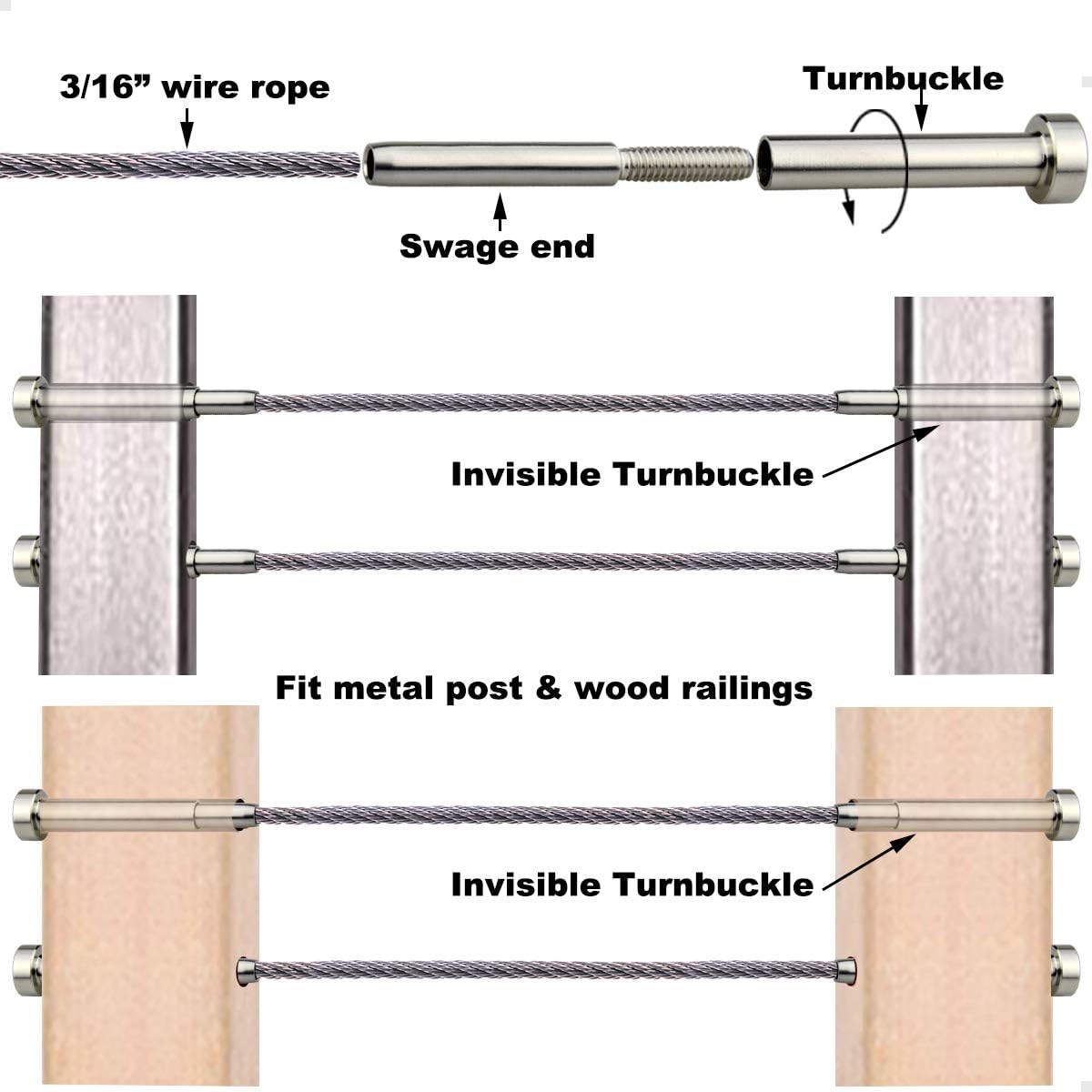 20 Pcs 3/16 Invisible Turnbuckle Kit T316 Stainless Steel Cable Railing Hardware Kit U2986
