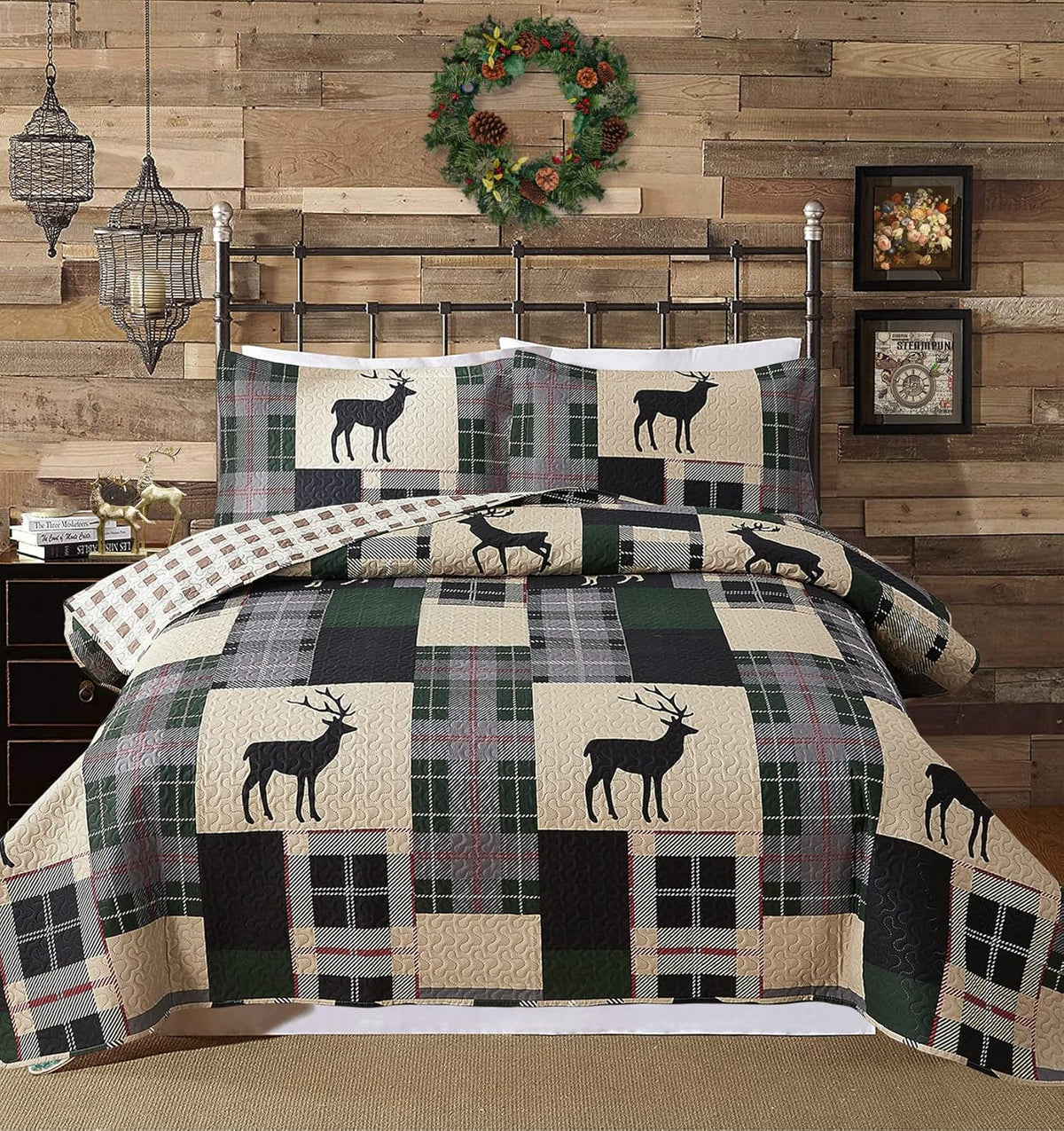Full/Queen Size Plaid Quilt Set Black White Patchwork Bedspread A448