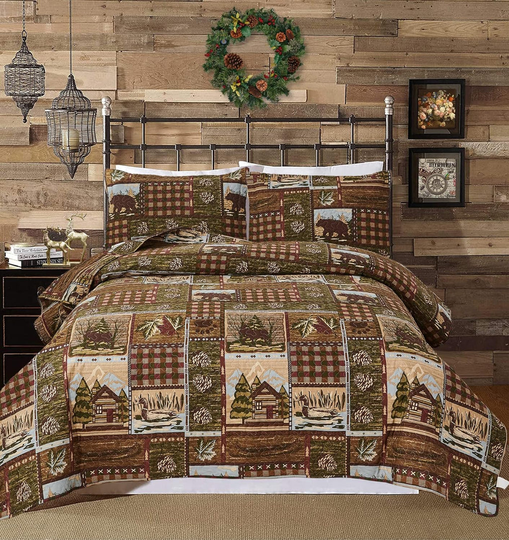 Full/Queen Size Plaid Quilt Set Black White Patchwork Bedspread A448