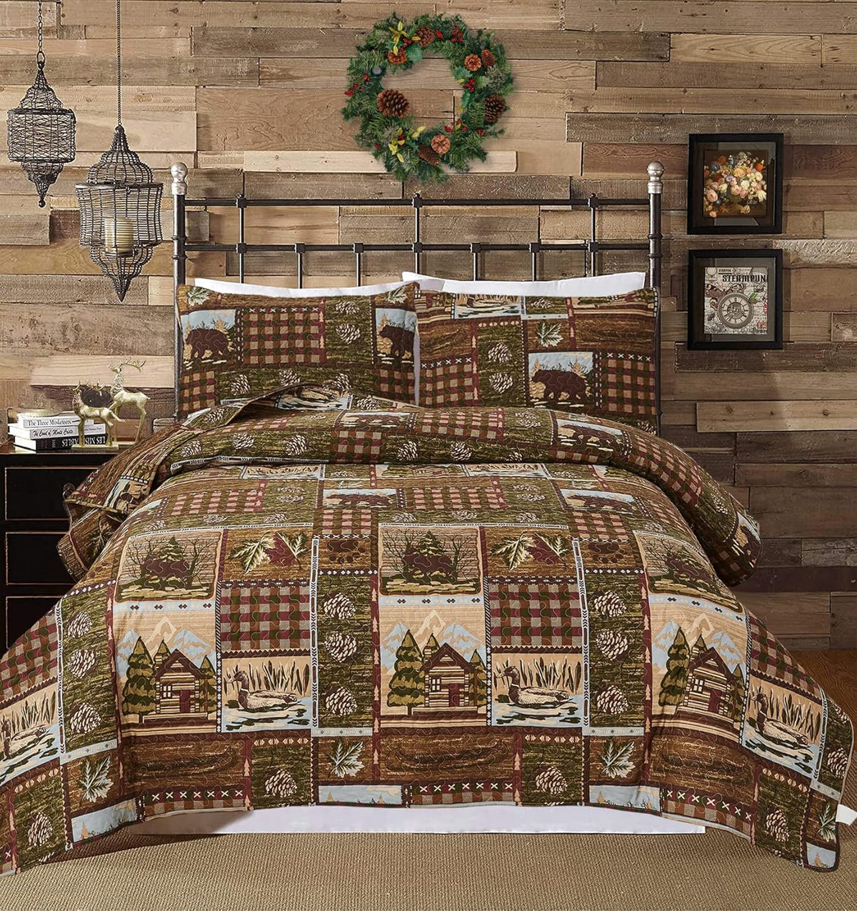 Full/Queen Size Plaid Quilt Set Black White Patchwork Bedspread A448