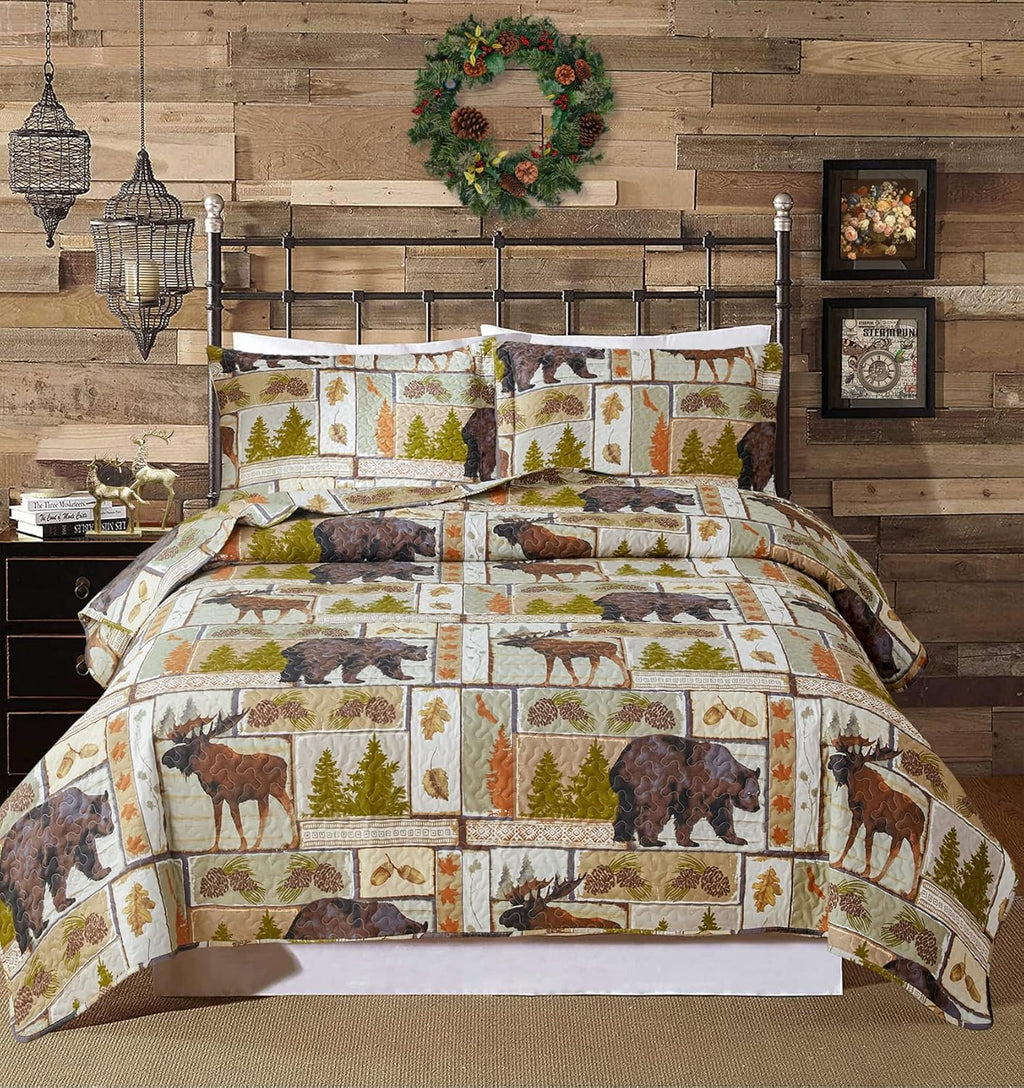 Full/Queen Size Plaid Quilt Set Black White Patchwork Bedspread A448