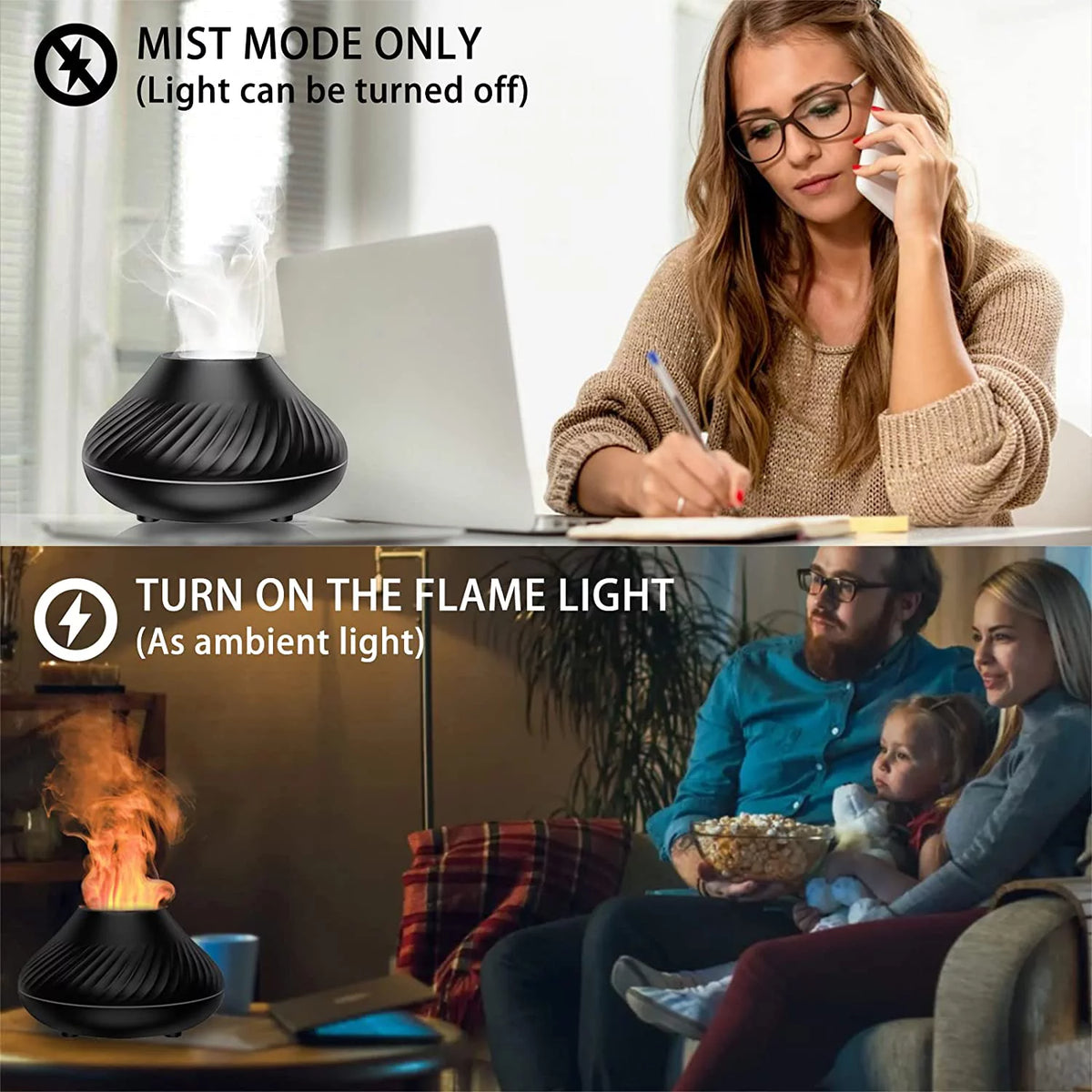 Flame Diffuser Humidifier 7 Flame Color Noiseless Cool Mist Diffuser G4446
