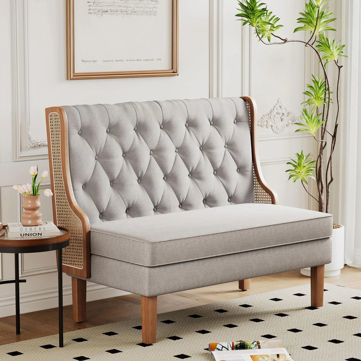 Light Grey Upholstered Loveseat Bench with Rattan Arms P1622