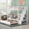 White Wood Twin over Twin Bunk Bed with Trundle and Storage Stairs Q323598