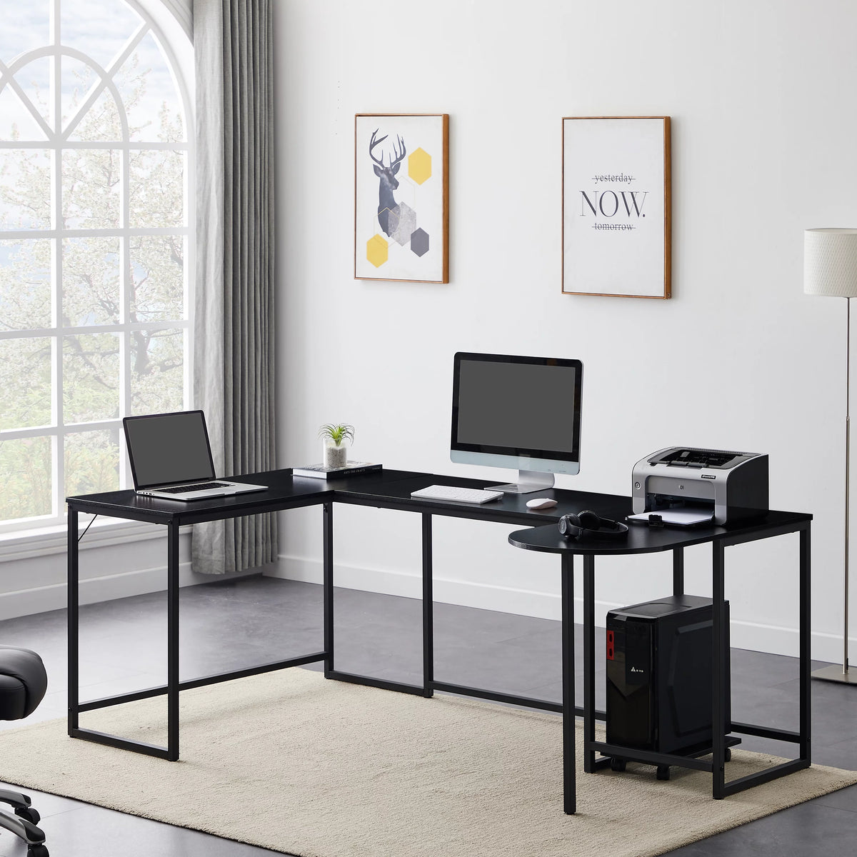 Black U-shaped Computer Desk with CPU Stand E755