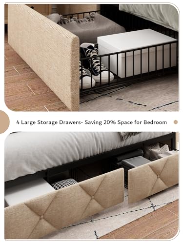 Queen Bed Frame with 4 Storage Drawers, Upholstered Platform Bed Frame with Charging Station, Black Q909892