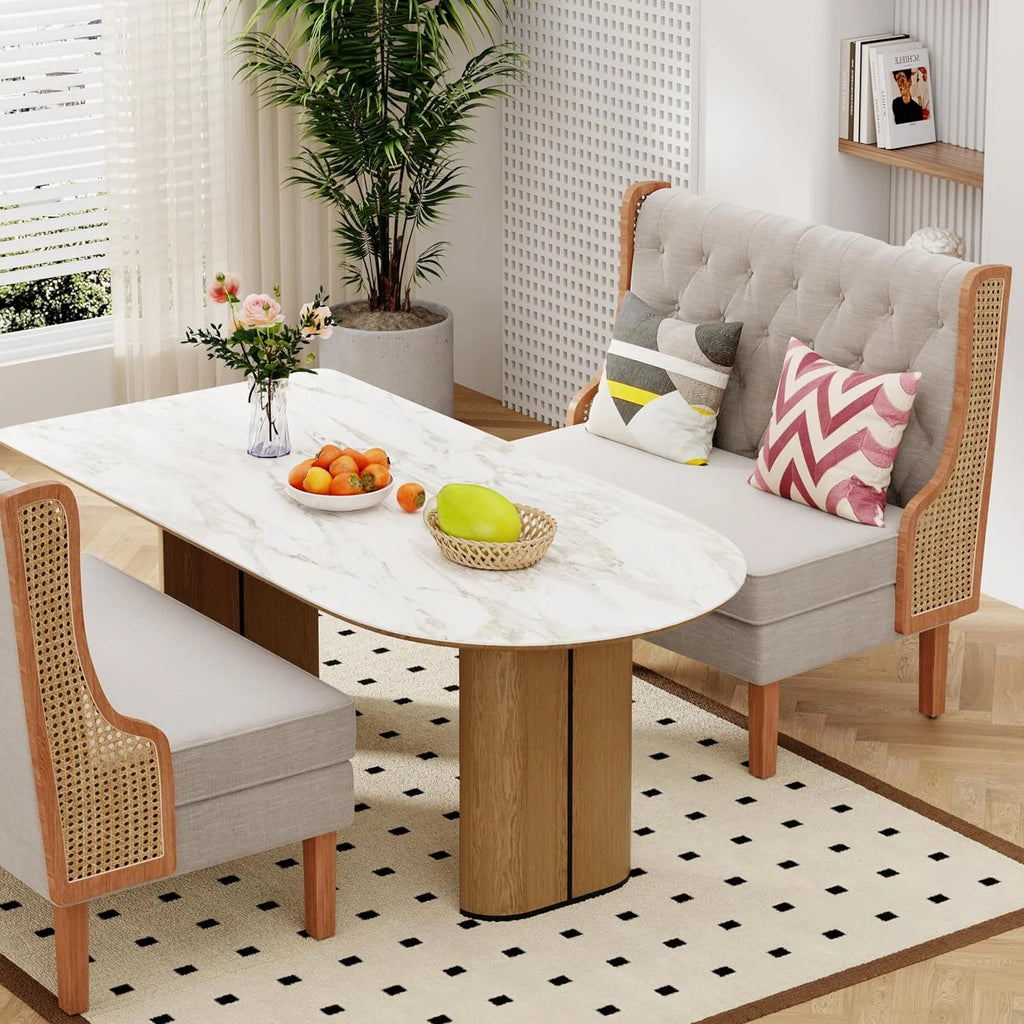 Light Grey Upholstered Loveseat Bench with Rattan Arms P1622