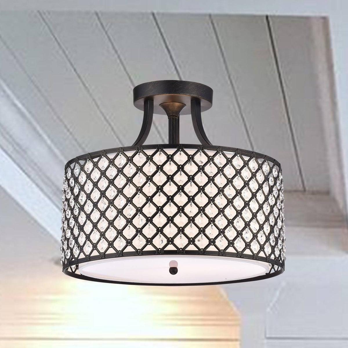 3-Light Antique Black Beaded Drum Semi-Flush Mount S9589