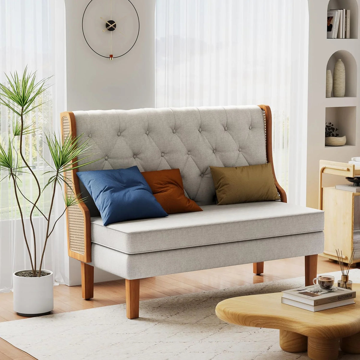 Light Grey Upholstered Loveseat Bench with Rattan Arms P1622