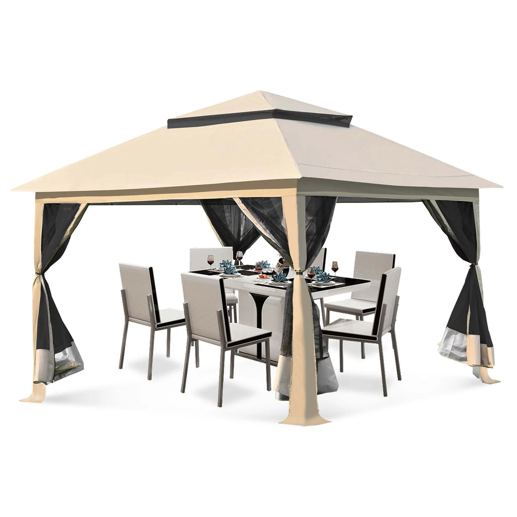 13 x13 ft Pop up Gazebo Canopy Shelter with Mosquito Netting, Brown J911133