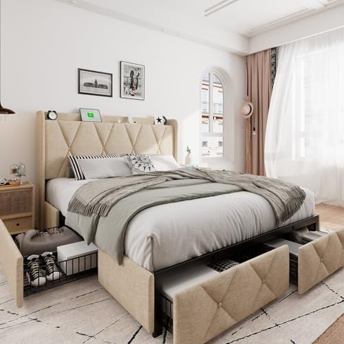 Queen Bed Frame with 4 Storage Drawers, Upholstered Platform Bed Frame with Charging Station, Black Q909892