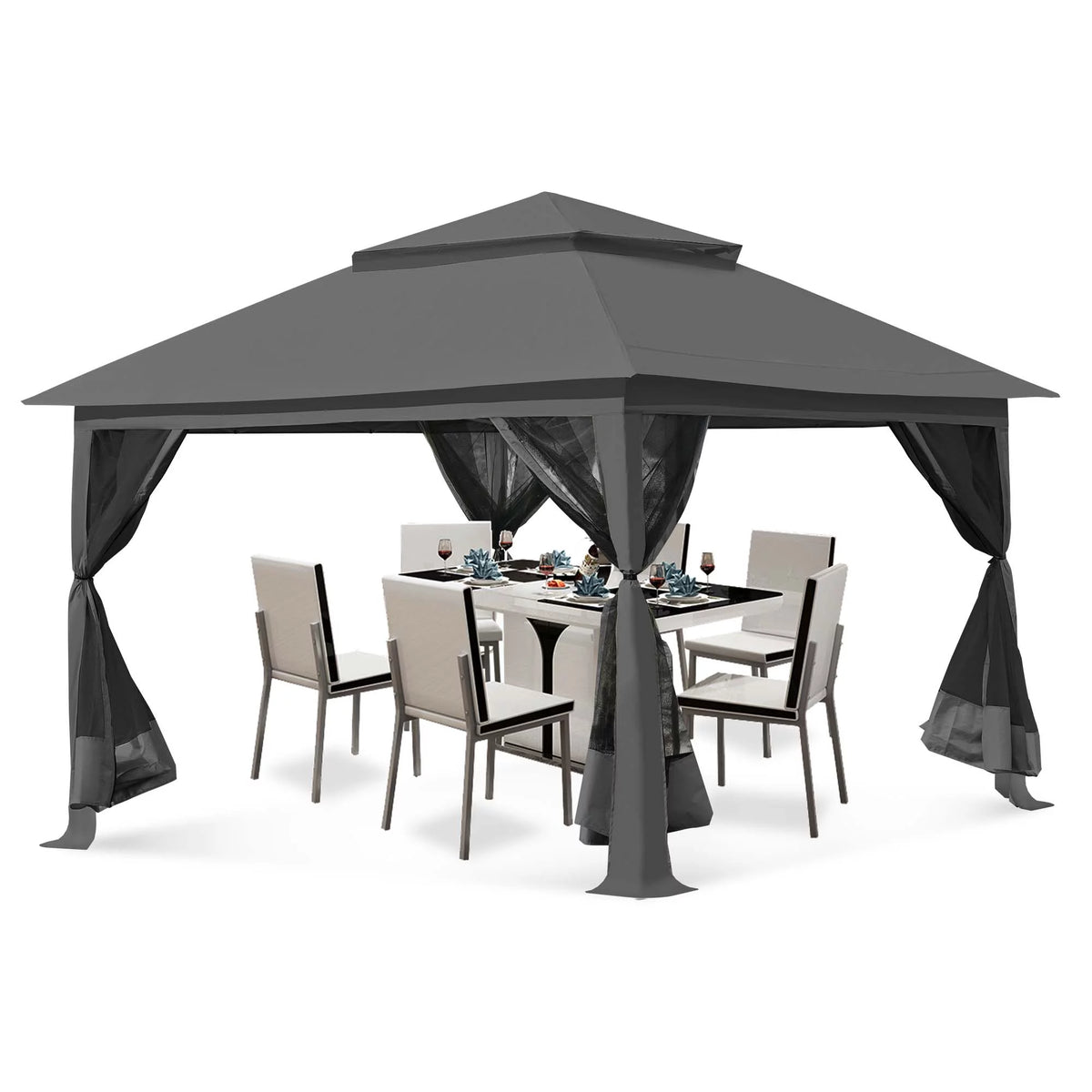 13 x13 ft Pop up Gazebo Canopy Shelter with Mosquito Netting, Brown J911133