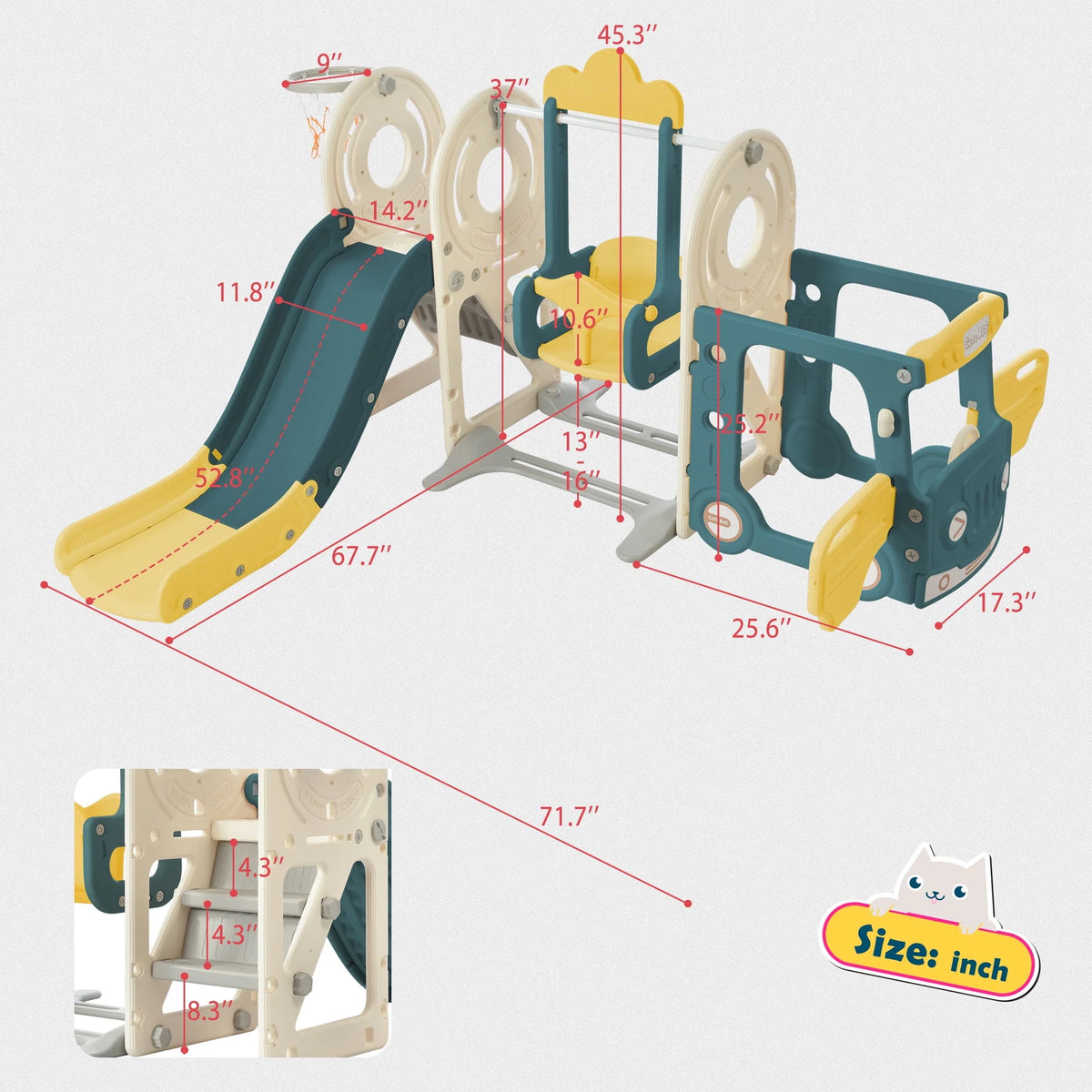 5-in-1 Kids Slide and Swing Set with Bus Playhouse, Basketball Hoop, Climber, Green C9566