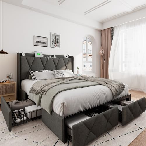 Queen Bed Frame with 4 Storage Drawers, Upholstered Platform Bed Frame with Charging Station, Black Q909892