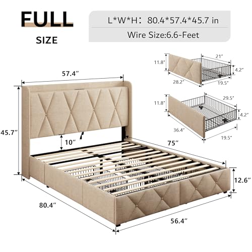 Queen Bed Frame with 4 Storage Drawers, Upholstered Platform Bed Frame with Charging Station, Black Q909892